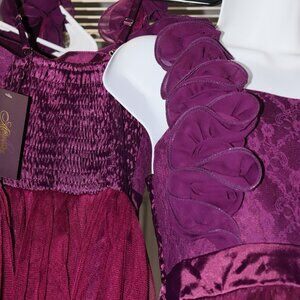 Chic wish plum midi dress w/ single rouched straps wire hem tule, poly/cot S,M,L